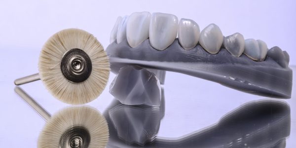 Close up of a dental model with veneers mounted on with dental tools isolated.